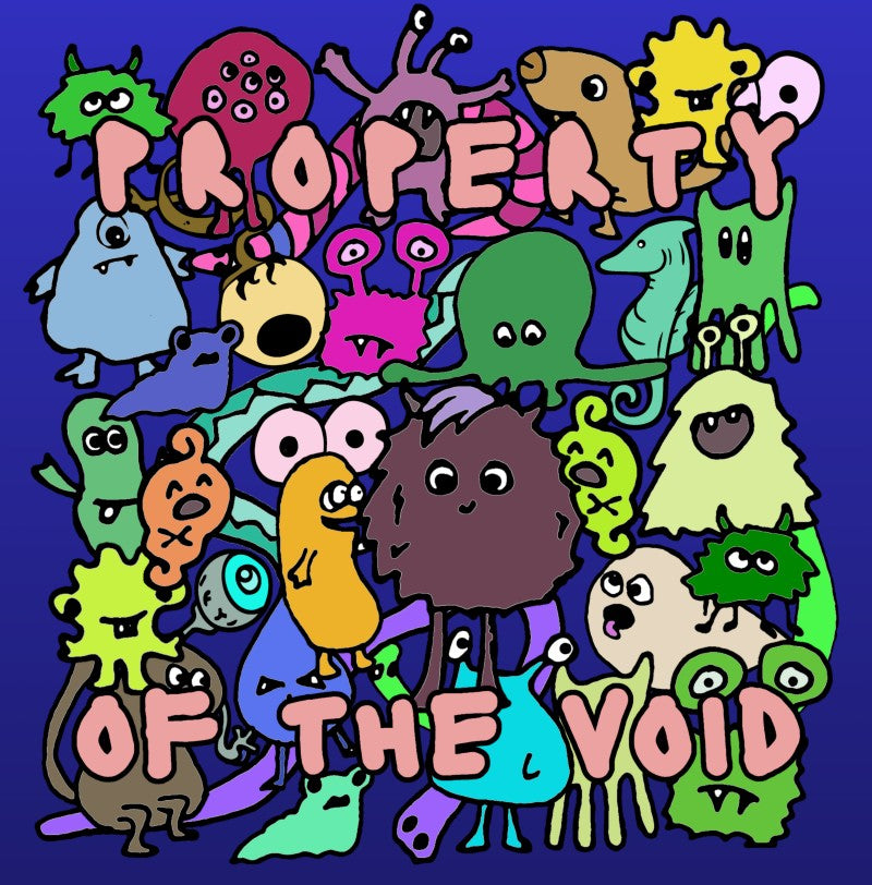close up of "property of the void" colorful monsters goblin print backpack