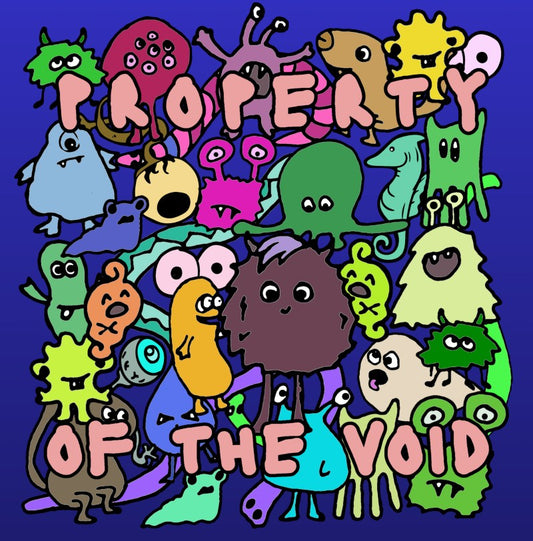 close up of "property of the void" colorful monsters goblin print backpack