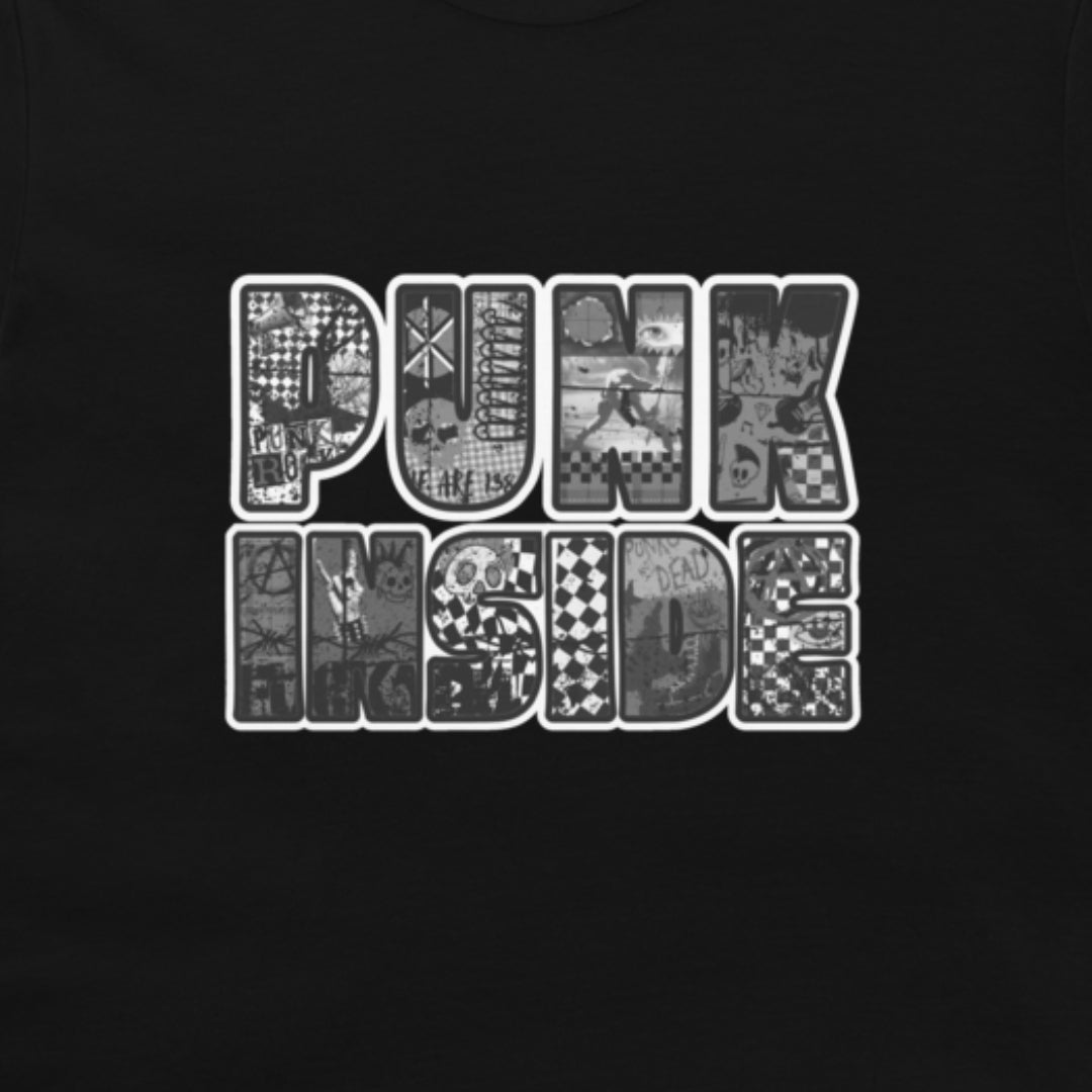 A black tee with large "PUNK INSIDE" text and the letters filled with punk symbols collage in greyscale
