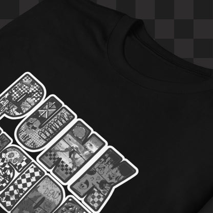 A black tee with large "PUNK INSIDE" text and the letters filled with punk symbols collage in greyscale