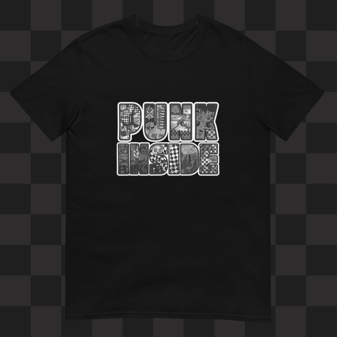 A black tee with large "PUNK INSIDE" text and the letters filled with punk symbols collage in greyscale