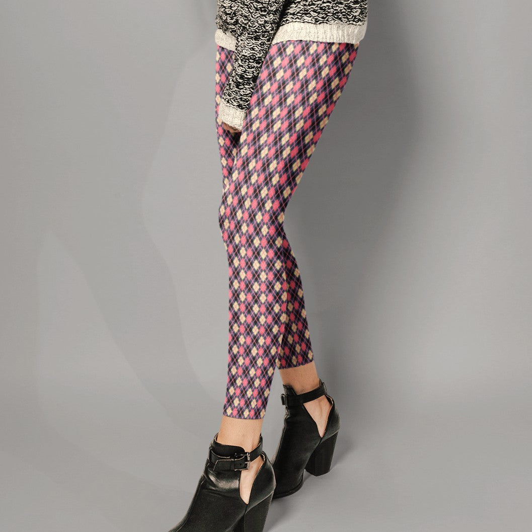 person wearing colorful argyle diamond pattern leggings with purple base and pink accent