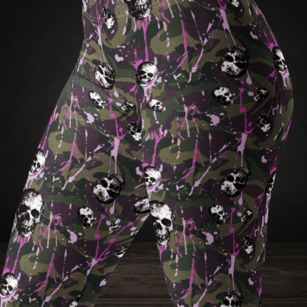 Purple and grey camo splatter skull pattern leggings