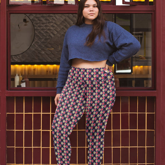 person wearing colorful argyle diamond pattern leggings with purple base and burgundy accent