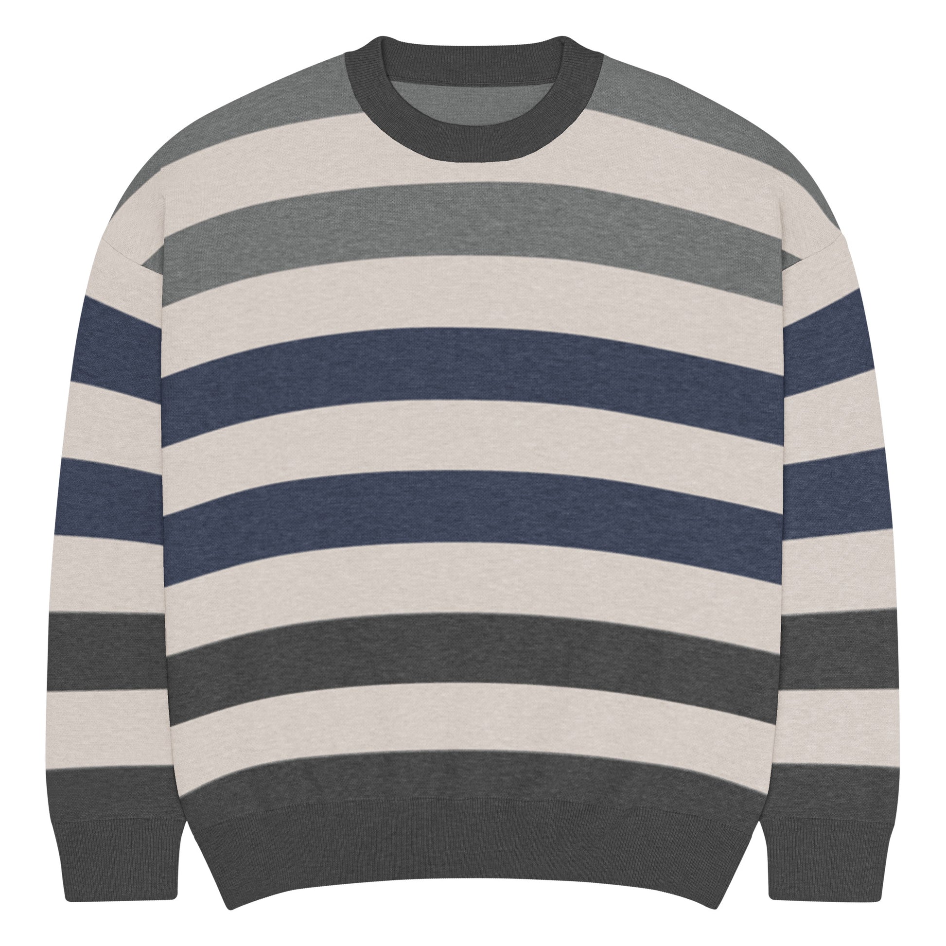 a crew neck knitted sweater with grunge style wide stripes