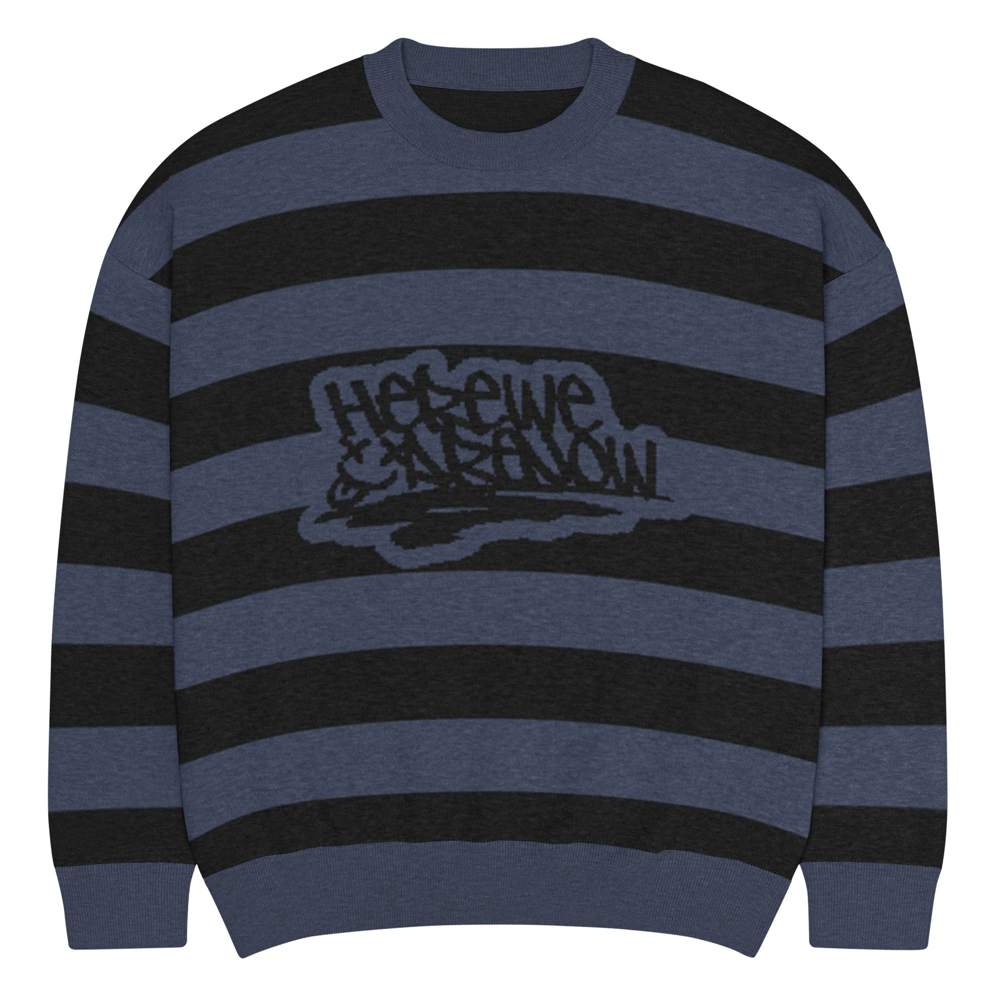 a grunge style dark striped sweater with the text "here we are now"