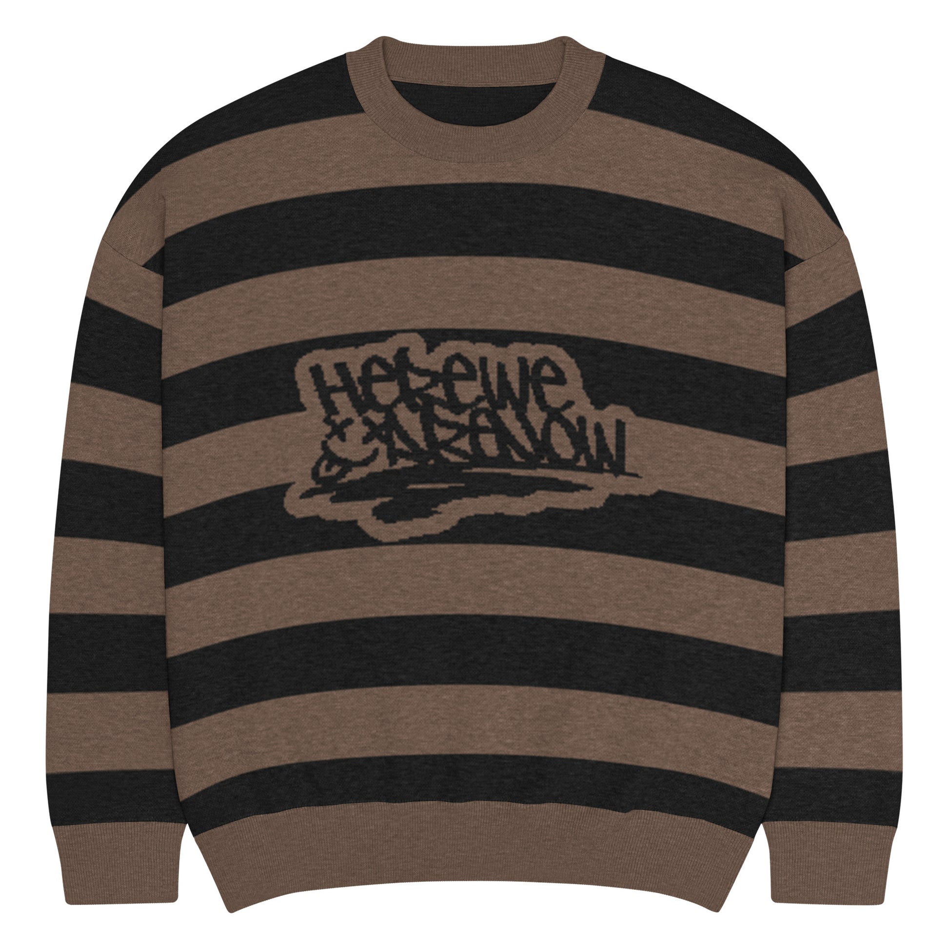 a grunge style dark striped sweater with the text "here we are now"