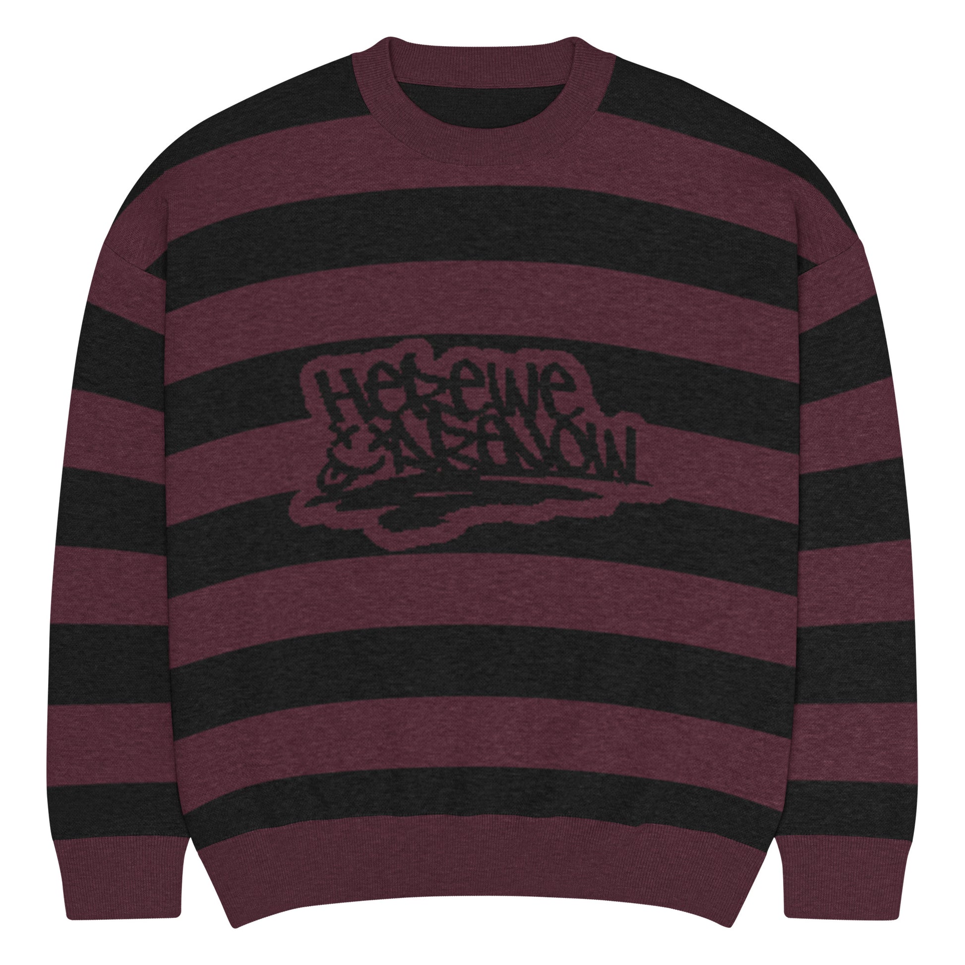 a grunge style dark striped sweater with the text "here we are now"