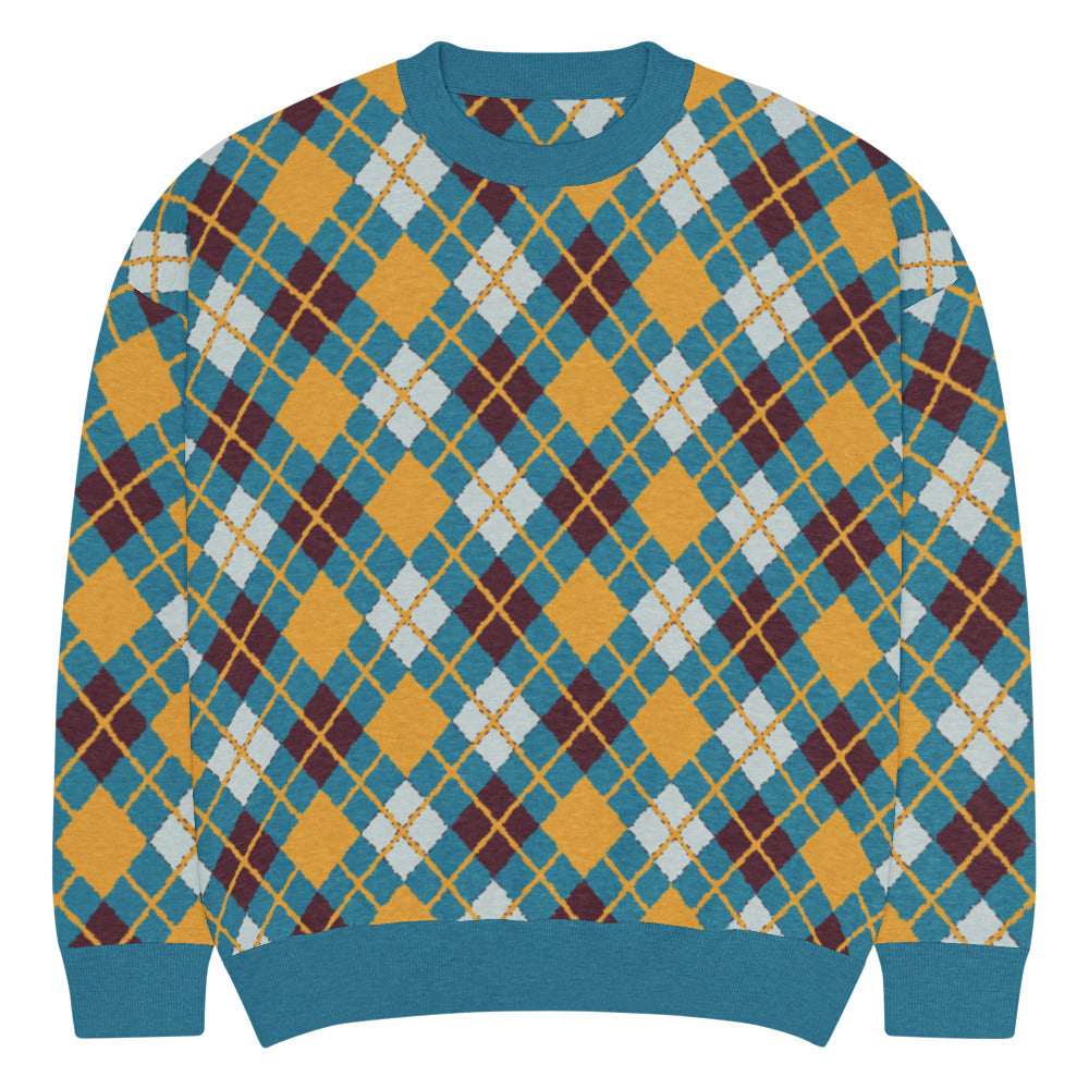 An argyle pattern knitted sweater with emo-scene colors