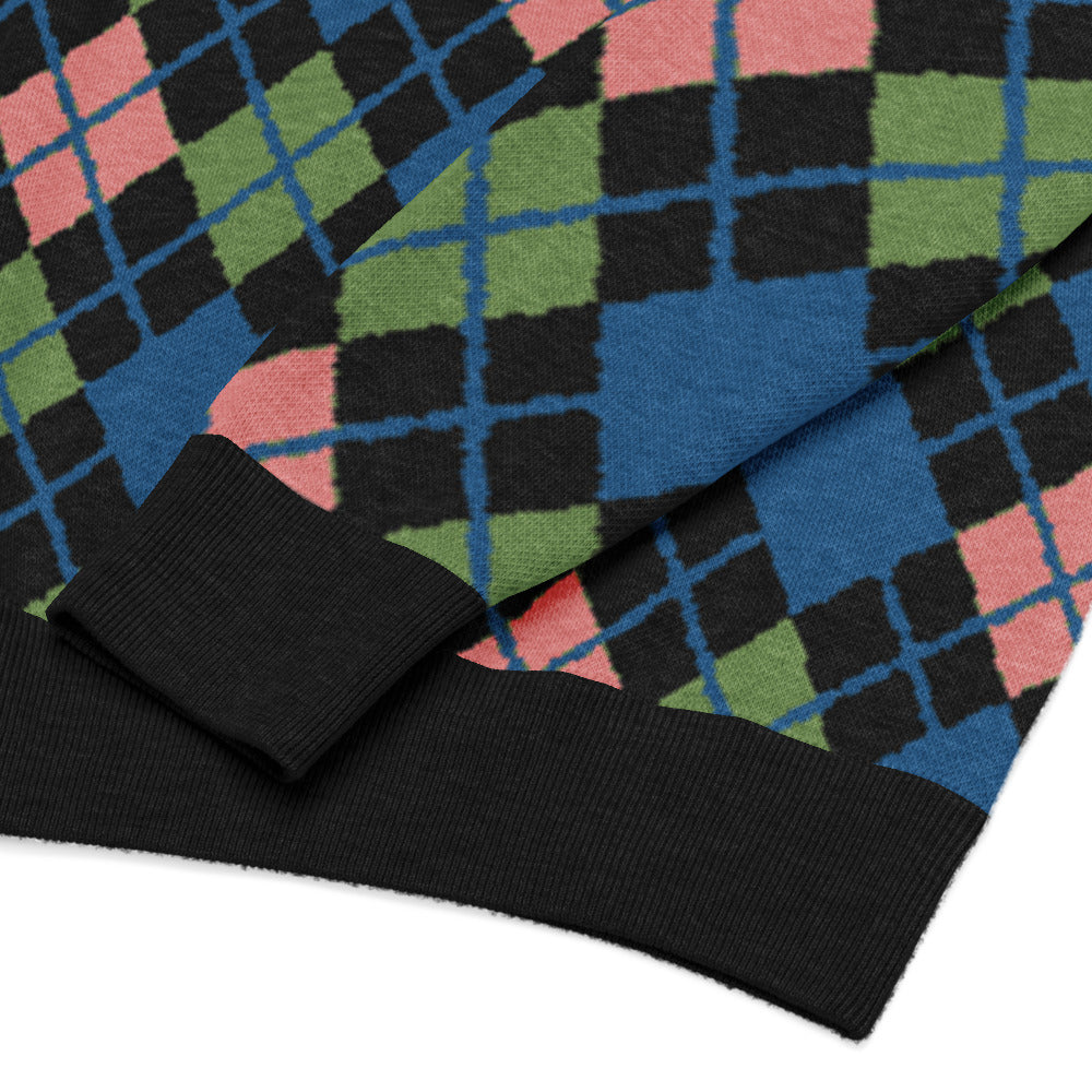 detail of an argyle pattern knitted sweater with emo-scene colors