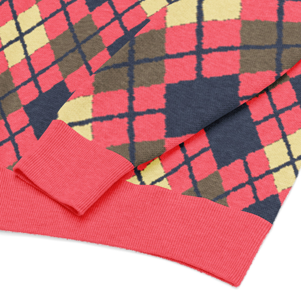 detail of an argyle pattern knitted sweater with emo-scene colors