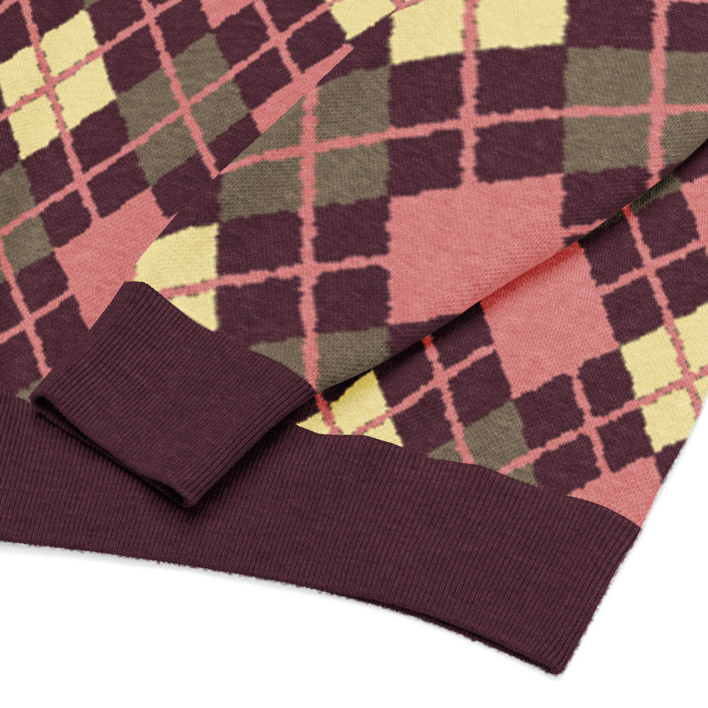 detail of an argyle pattern knitted sweater with emo-scene colors