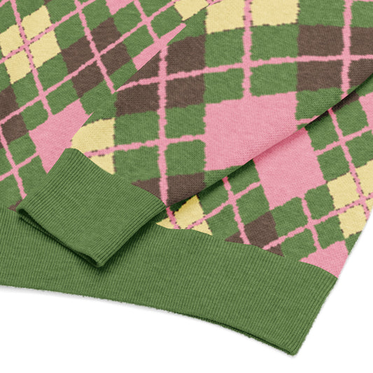 detail of an argyle pattern knitted sweater with emo-scene colors
