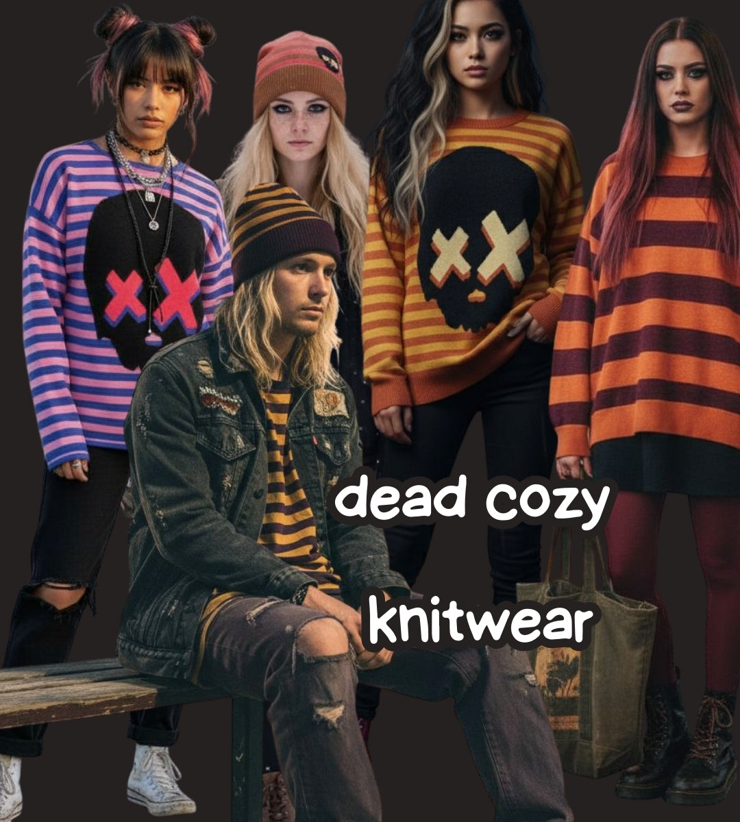 Group of people wearing colorful alt knitwear with 'dead cozy' text overlay.
