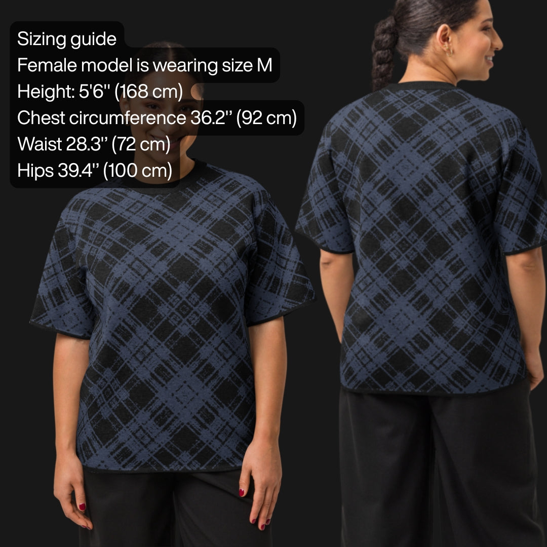 Size guide for a dark broken plaid pattern knitted tee