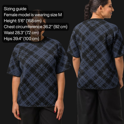 Size guide for a dark broken plaid pattern knitted tee