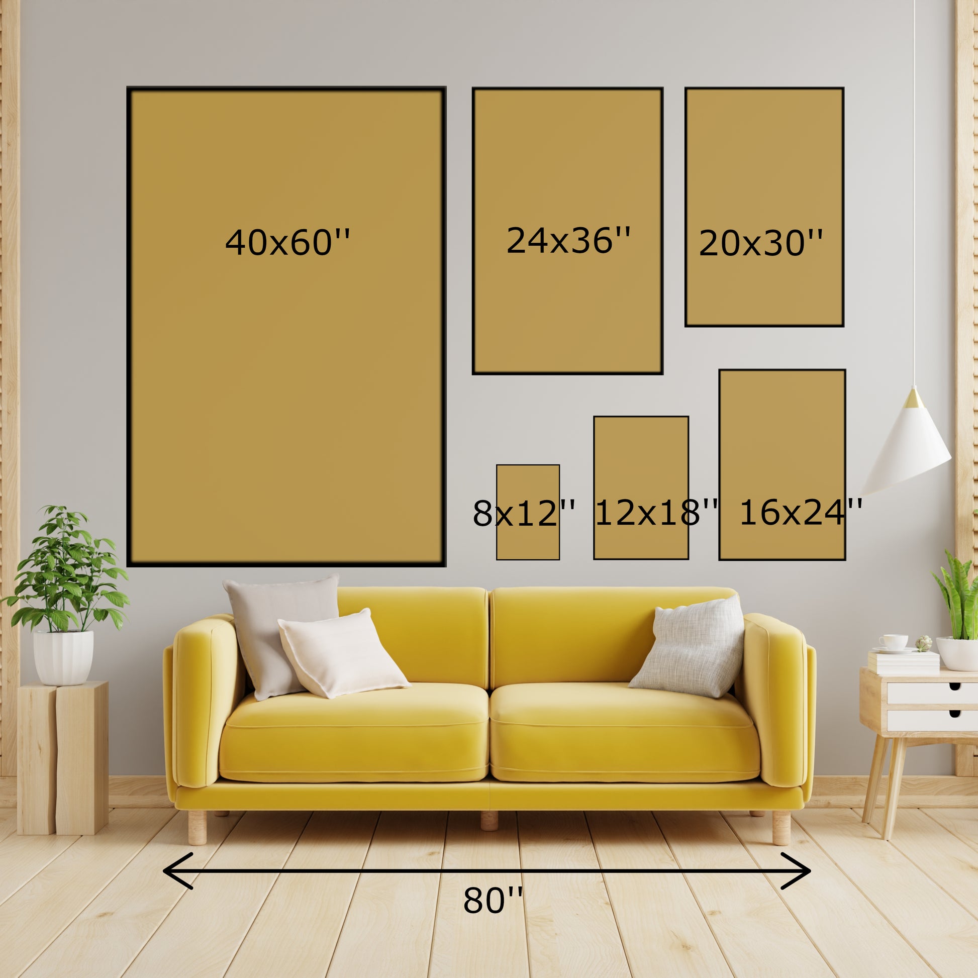 Different canvas wall art sizes compared to sofa in a living room for understanding the size of the canvas