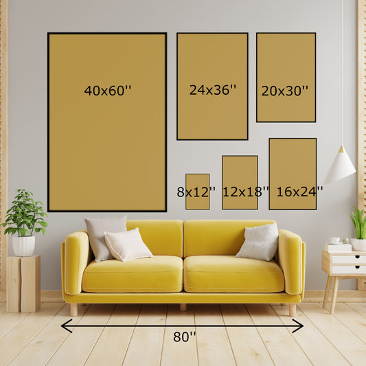Different canvas wall art sizes compared to sofa in a living room for understanding the size of the canvas