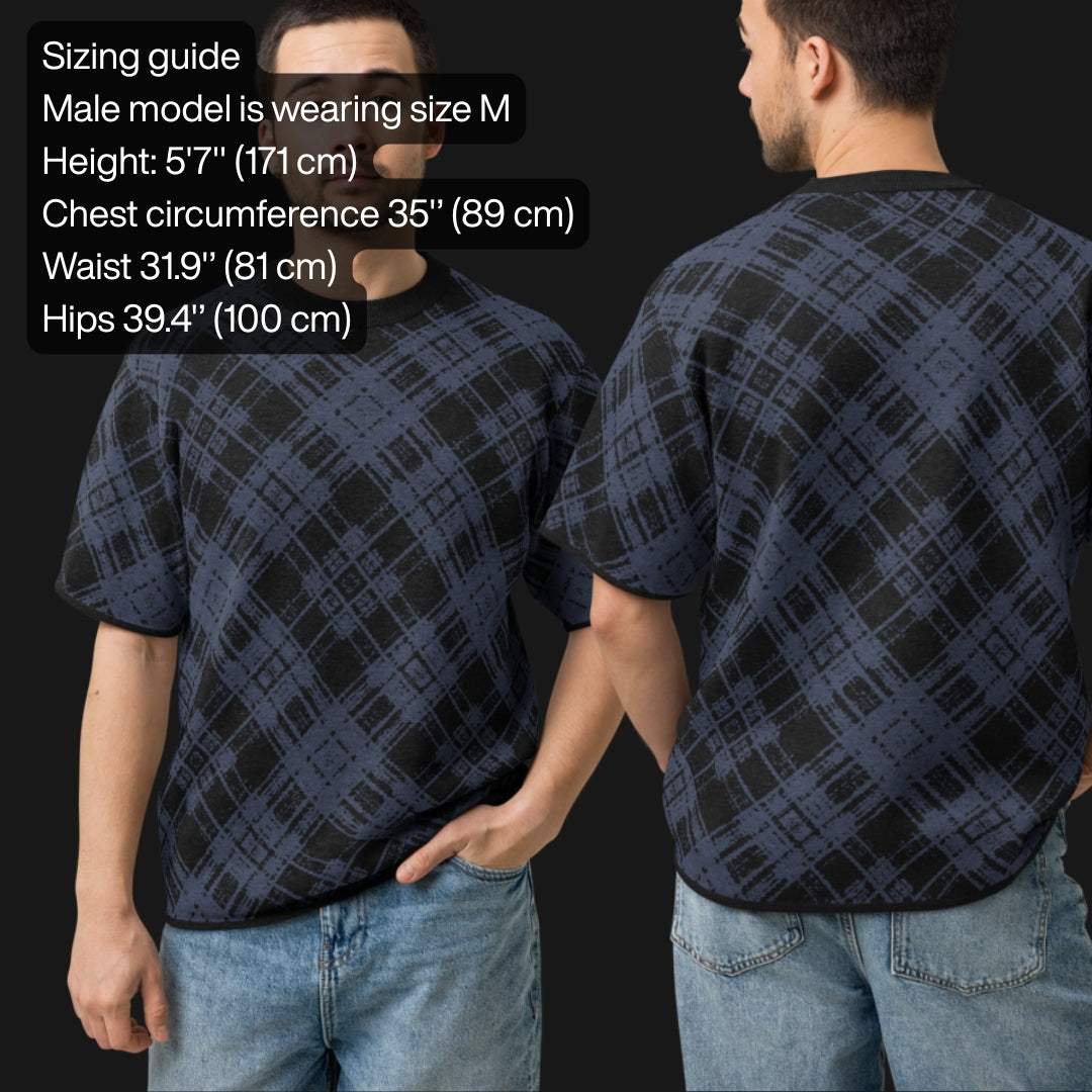 Size guide for a dark broken plaid pattern knitted tee