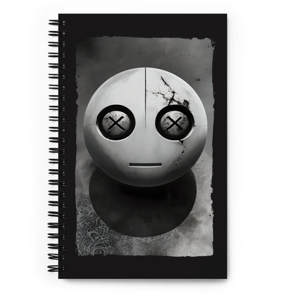a spiral bound notebook with a metal looking head with x-eyes