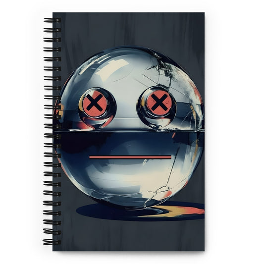 A notebook with cover illustration a glassy 3d looking smiley with x-eyes and a line for mouth