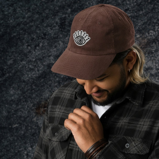 Alt style man wearing a brown corduroy cap with an embroidered spiral eye symbol against a dark textured background