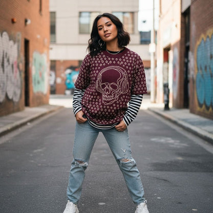 Woman wearing a burgundy short sleeve knit featuring a line art skull with headphones and hand drawn diamonds, layered over a striped  long sleeve