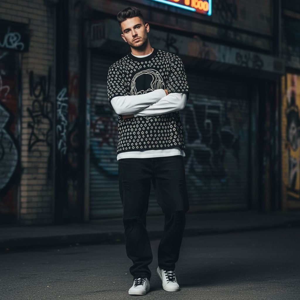Man wearing a black short sleeve knit featuring a line art skull with headphones and hand drawn diamonds, layered over a long sleeved tee