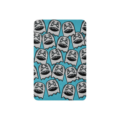 a sky blue fleece sherpa blanket with grinning goblins