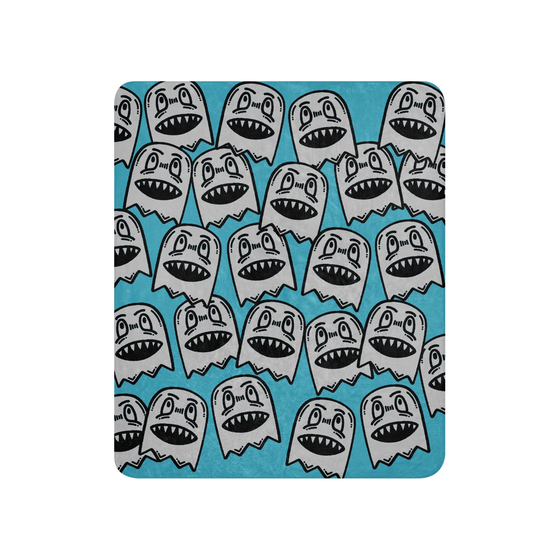 a sky blue fleece sherpa blanket with grinning goblins