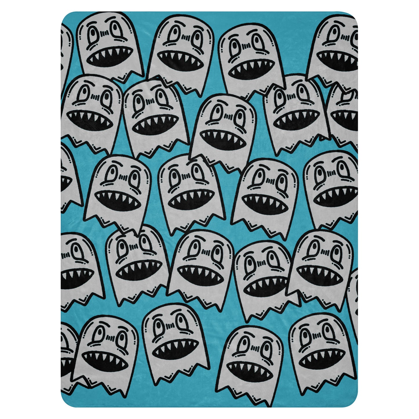 a sky blue fleece sherpa blanket with grinning goblins