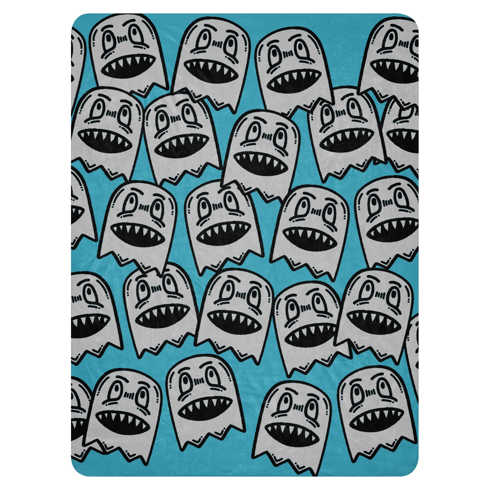 a sky blue fleece sherpa blanket with grinning goblins