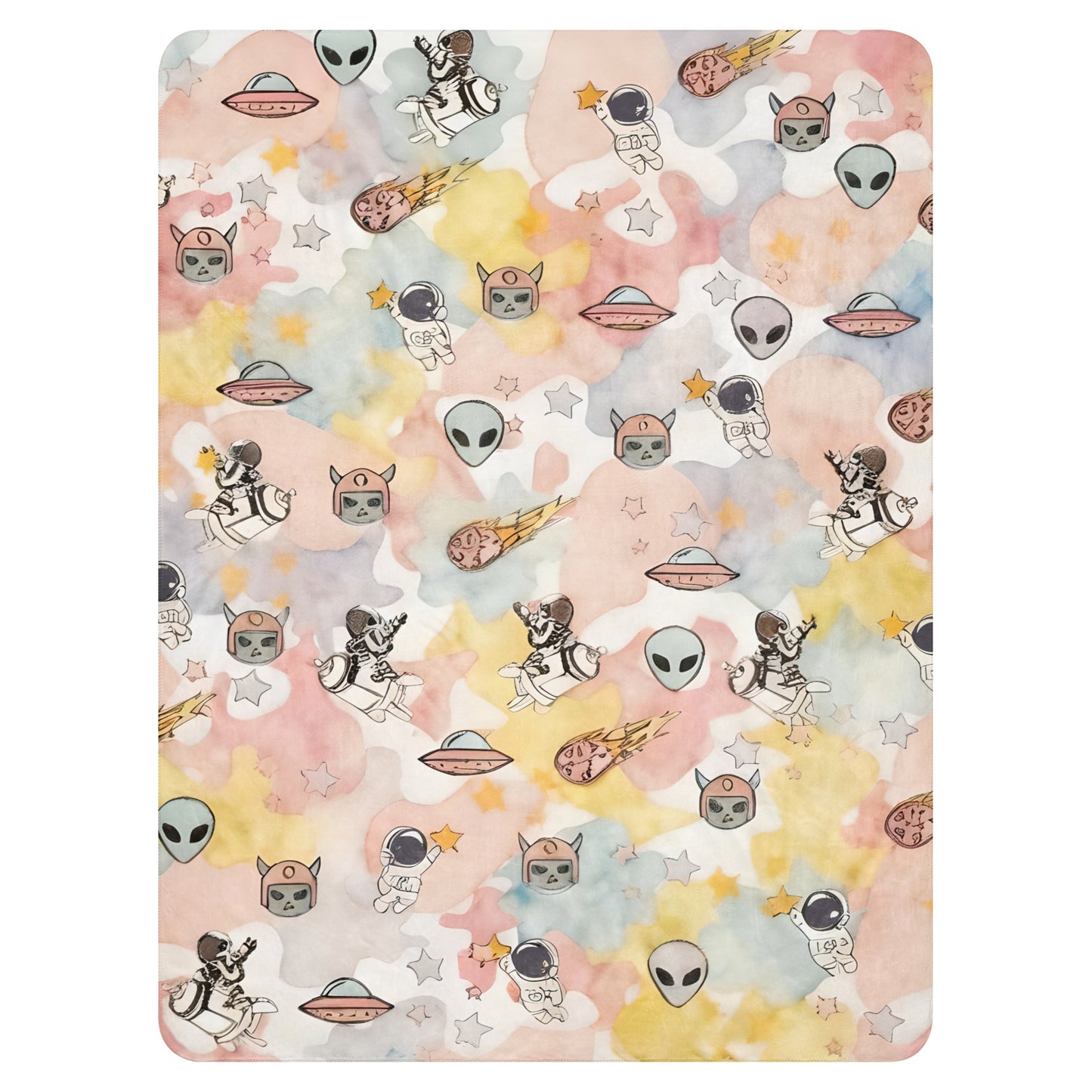 a pastel ice cream colored fleece sherpa blanket with space theme