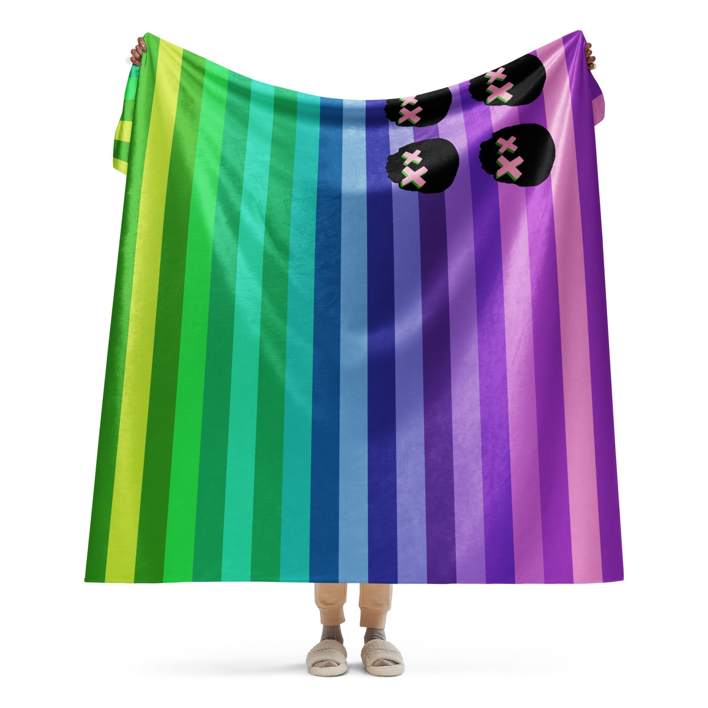 a fleece sherpa blanket featuring skulls and stripes in the format on the American flag
