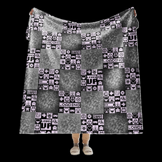 Large sherpa blanket with a pixelated retro gaming design