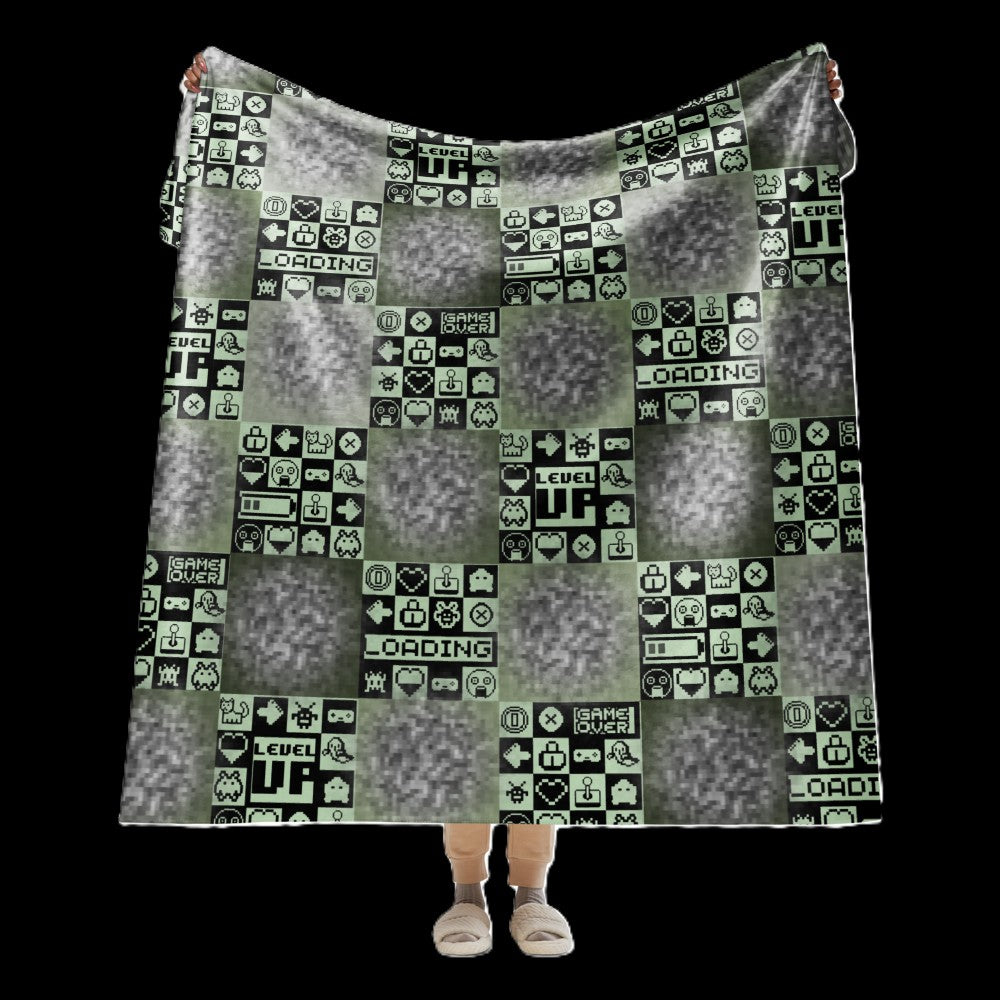 Large sherpa blanket with a pixelated retro gaming design