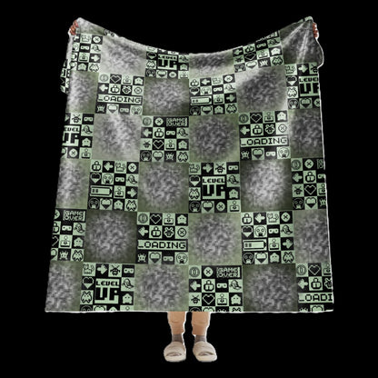 Large sherpa blanket with a pixelated retro gaming design