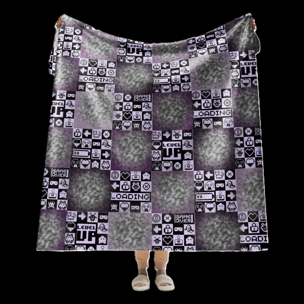 Large sherpa blanket with a pixelated retro gaming design