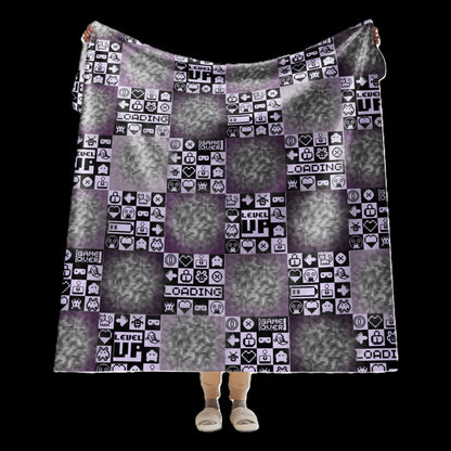 Large sherpa blanket with a pixelated retro gaming design