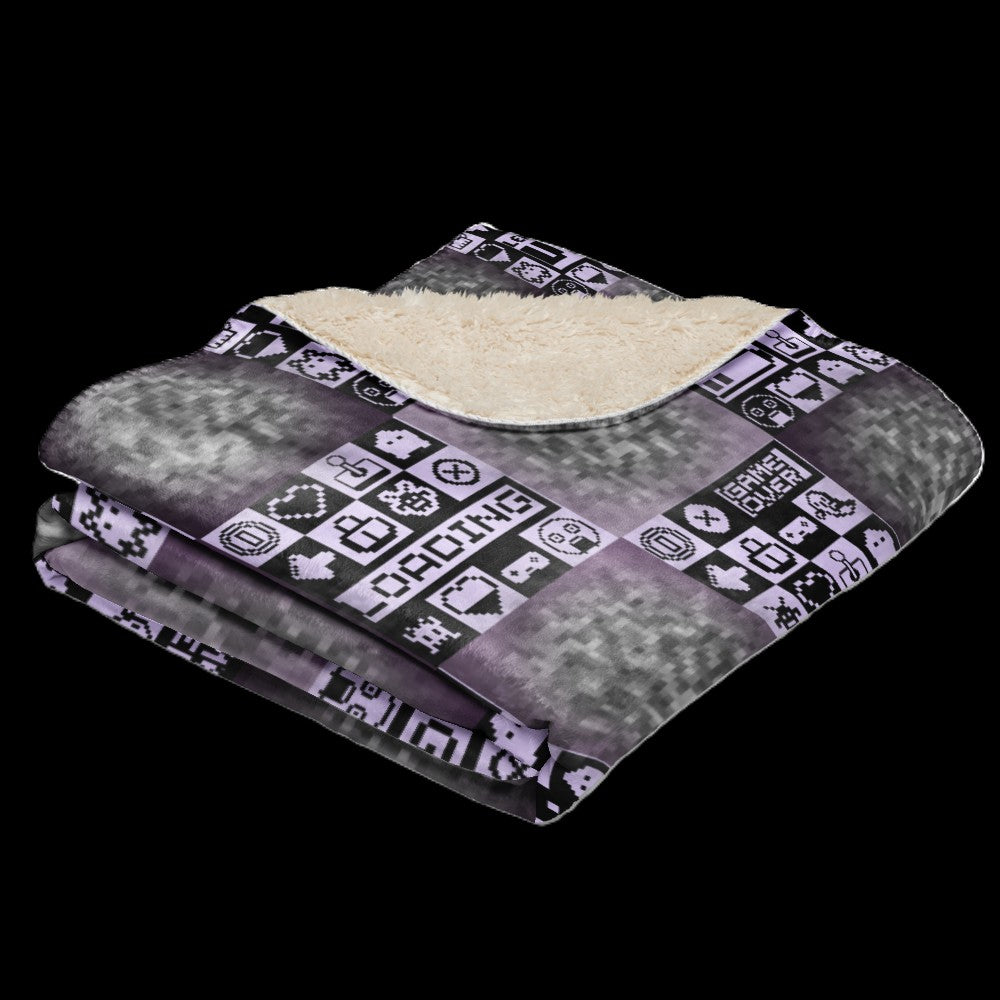 Large sherpa blanket with a pixelated retro gaming design