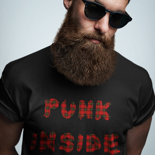 cool bearded man wearing a black t-shirt with text "punk inside" in red punk plaid letters