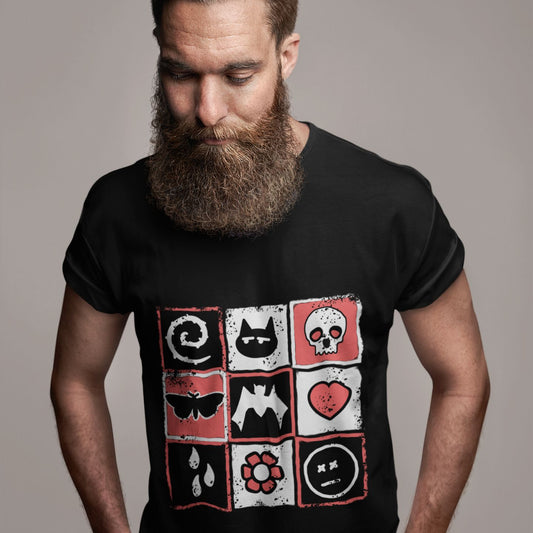 a bearded man wearing a black t-shirt with a pink and black distressed graphic with emo symbols and the word "emo" spelled diagonally
