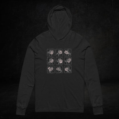 a black Hooded Long-Sleeve Bella Canvas 3512 tee with a grid of crying emo flowers in soft pink
