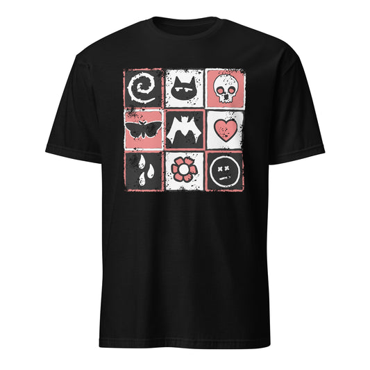 a black t-shirt with a pink and black distressed graphic with emo symbols and the word "emo" spelled diagonally
