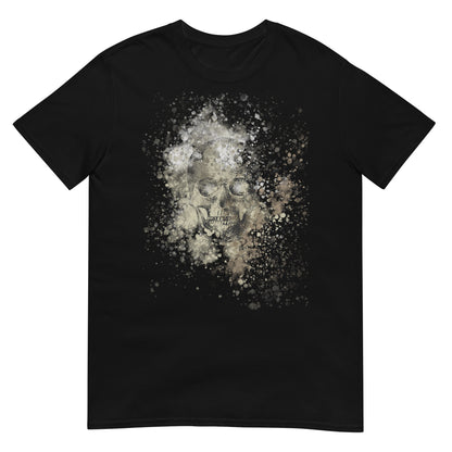 front of a black tee with subtle skull graphic surrounded and overlaid with paint splatter in camouflage colors