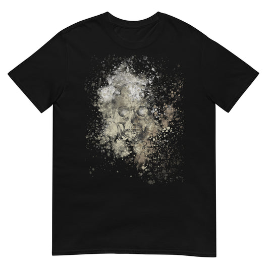 front of a black tee with subtle skull graphic surrounded and overlaid with paint splatter in camouflage colors
