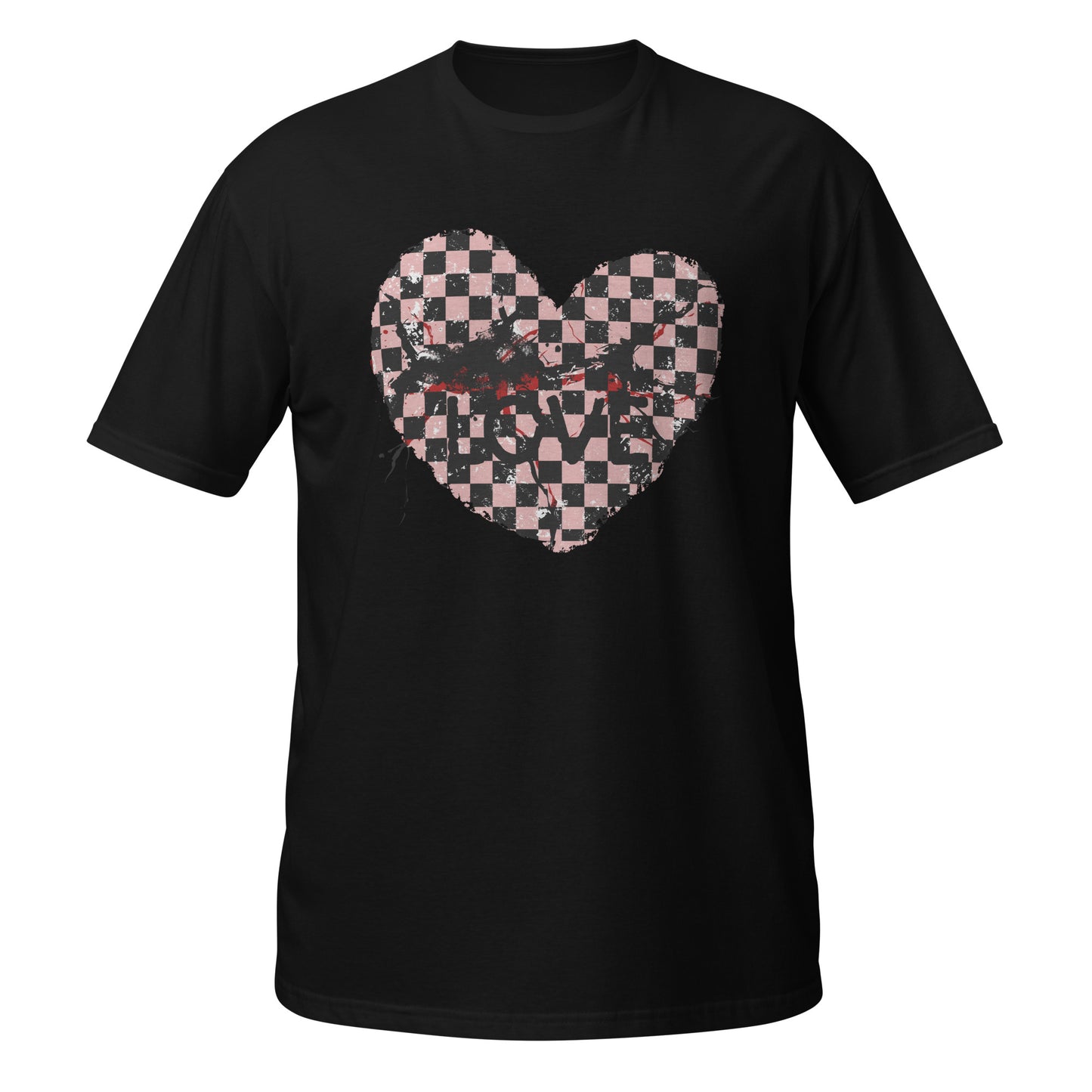 a black t-shirt with a pink and black cracked checkered heart and the text love partly obscured