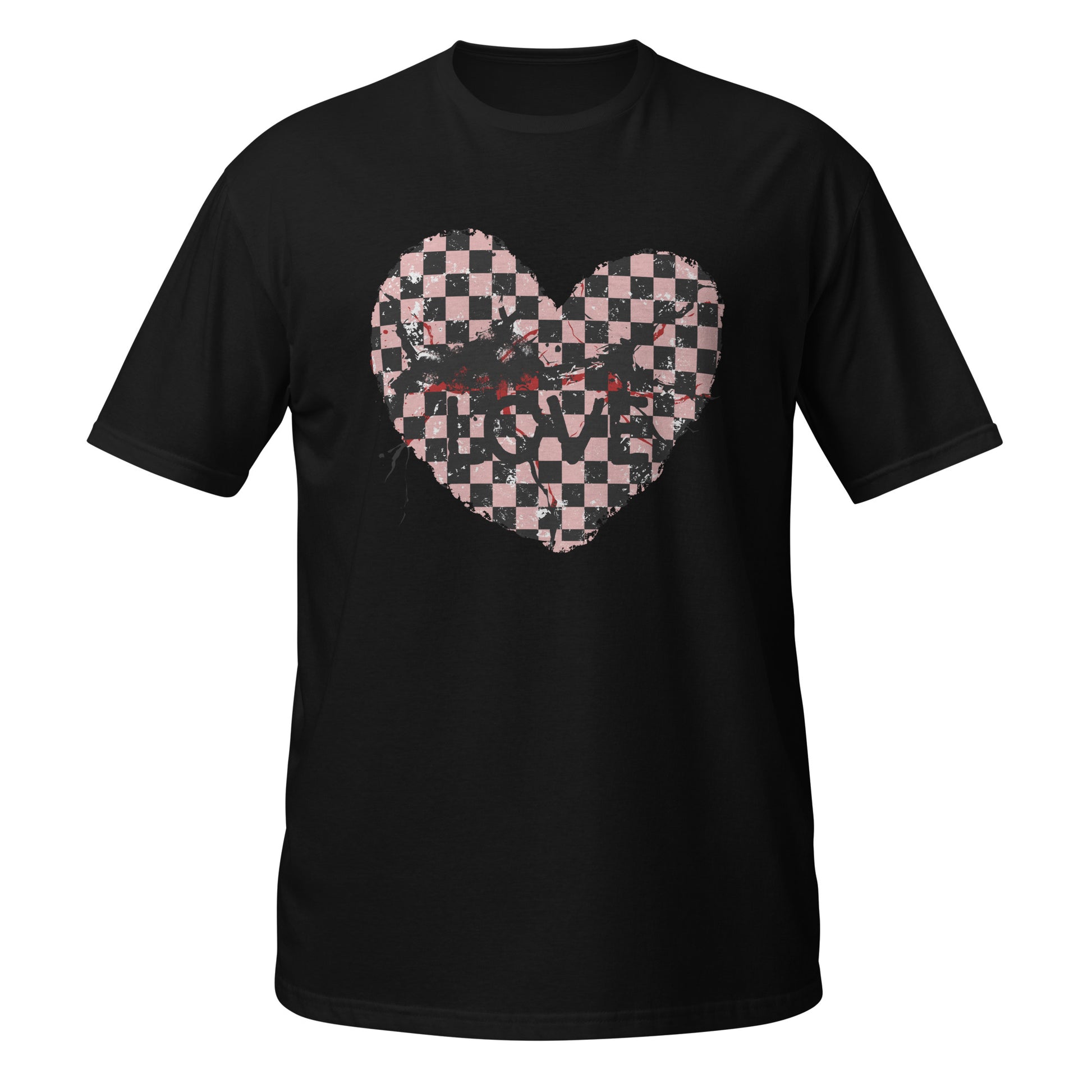 a black t-shirt with a pink and black cracked checkered heart and the text love partly obscured