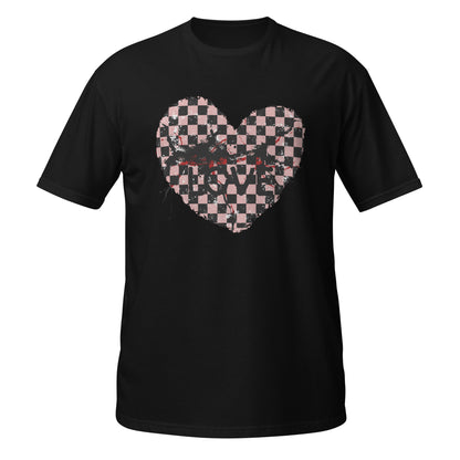 a black t-shirt with a pink and black cracked checkered heart and the text love partly obscured