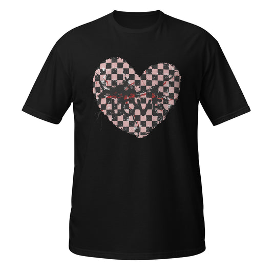 a black t-shirt with a pink and black cracked checkered heart and the text love partly obscured